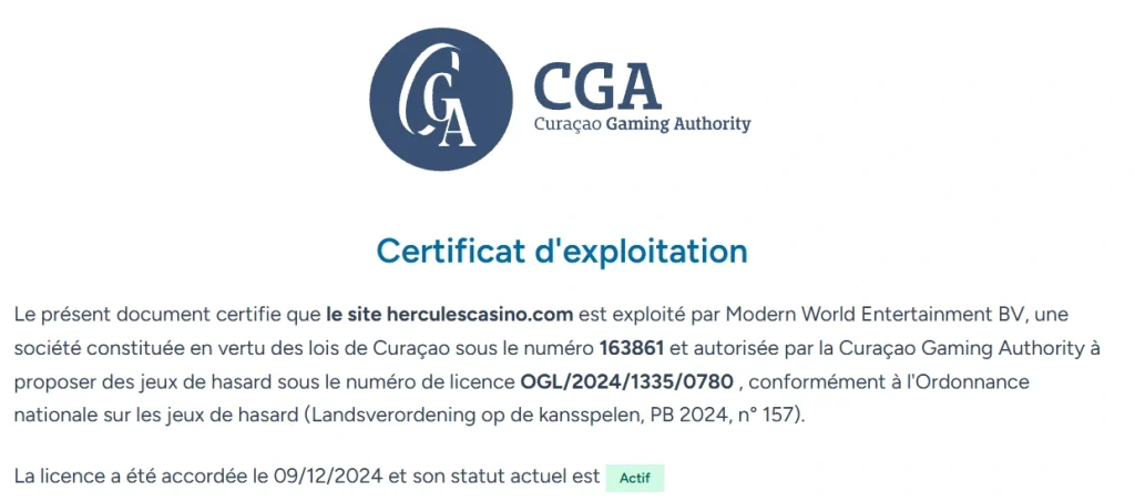 Hercules Casino certificat d’exploitation Curaçao Gaming Authority avec licence active