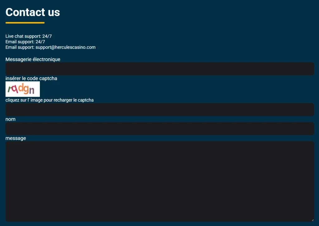 Hercules Casino formulaire de contact avec live chat 24/7 et email support