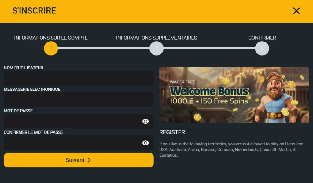 Hercules Casino formulaire d’inscription avec bonus de bienvenue 1 000 € et 150 free spins