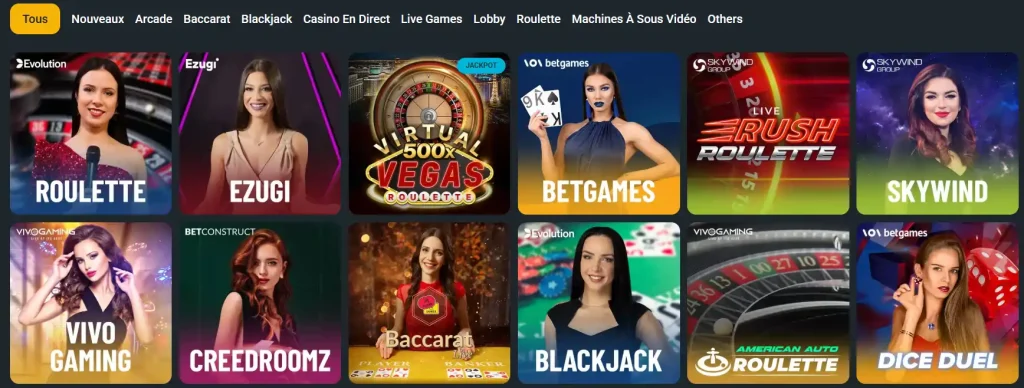 Hercules Casino section live casino avec roulette, blackjack, baccarat et jeux en direct