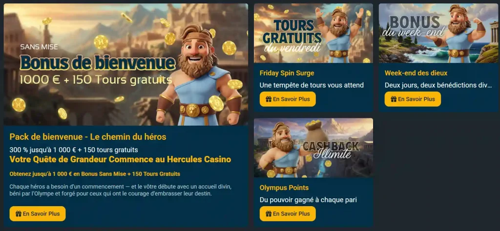 Hercules Casino page des bonus avec pack de bienvenue, free spins et Olympus Points