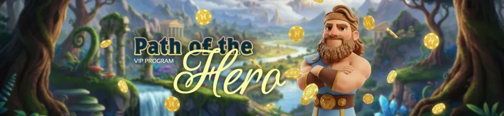 Hercules Casino programme VIP Path of the Hero avec personnage et pièces dorées