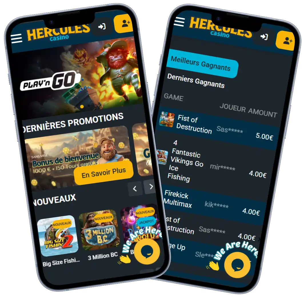 Hercules Casino version mobile affichée sur deux smartphones avec jeux, promotions et gagnants